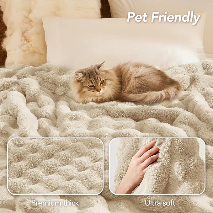 L'AGRATY Faux Rabbit Fur Blanket: 90" x 90" Queen Luxury Soft Fluffy Thick Fur Throw Blanket for Couch Bed Sofa - Cozy Plush Bubble Blankets for Winter: Flannel Fleece Decorative Blanket(Almond White)