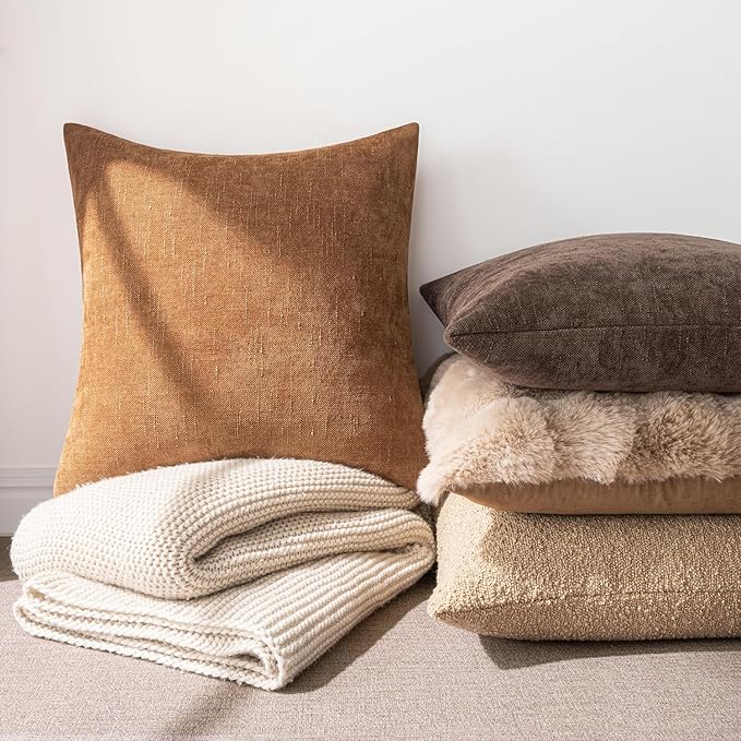 MIULEE Pack of 2 Decorative Throw Pillow Covers Soft Chenille Throw Pillows Solid Neutral Farmhouse Textured Cushion Covers for Couch Sofa Bedroom Living Room 18x18 Inch, Brown