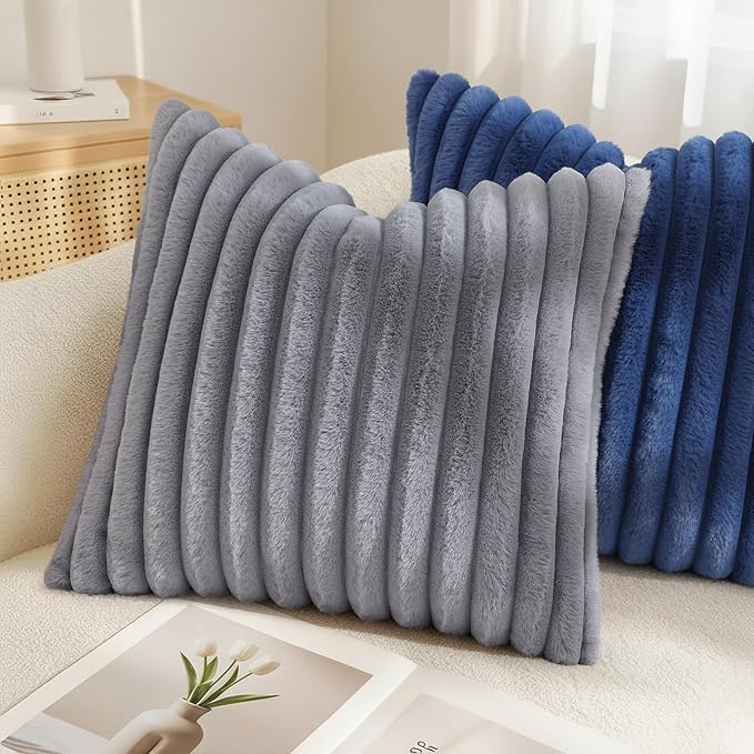 decorUhome Cozy Faux Fur Throw Pillow Covers 12x20 Set of 2 Decorative Soft Plush Striped Lumbar Modern Farmhouse Boho Couch Pillow Cases with Velvet Back for Sofa Bed Living Room, Grey