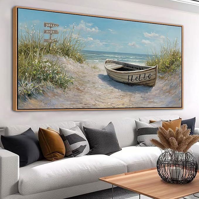 AJAZIKO Coastal Canvas Wall Art Paintings - Beach Wall Pictures for Living Room with and Ocean Themes - Boat Wall Decor and Ocean Wall Art for Home Artwork for Walls 29×58IN