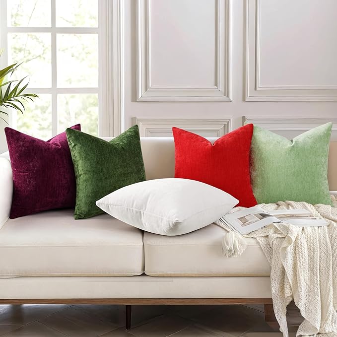 decorUhome Chenille Moss Green Throw Pillow Covers 16x16 Inch Set of 2, Decorative Soft Couch Pillow Covers Solid Dyed Accent Farmhouse Neutral Square Pillow Cases for Sofa