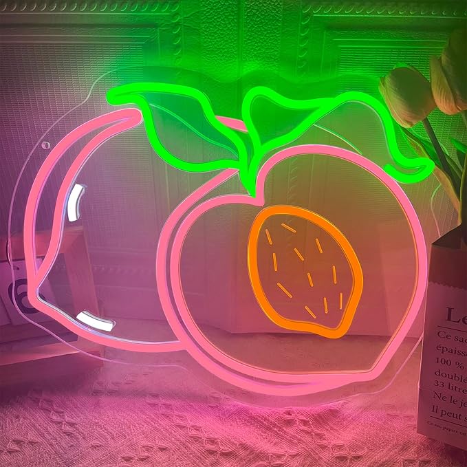Peach Neon Sign for Wall Decor, Dimmable Pink Peaches Fruit Neon Lights, Vibrant Fruit Themed Neon LED Signs for Kids Room, Bedroom, Restaurant, Bar, Club, Fruit Shop, Birthday Party