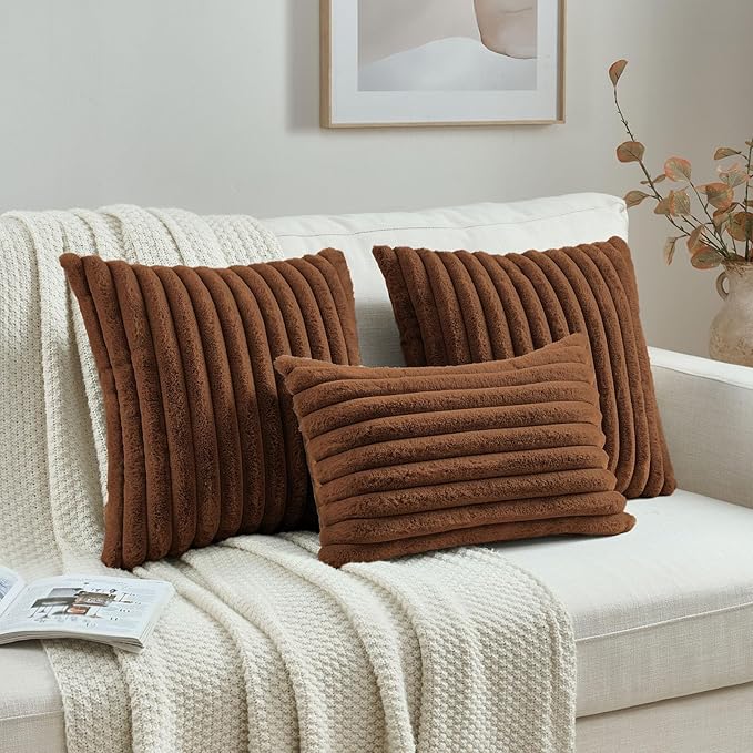 FUTEI Rust Decorative Throw Pillow Covers Set of 2, 12x20 Inch Soft Fluffy Faux Fur Plush Striped Lumbar Pillowcases, Modern Home Decor for Couch Bed Living Room