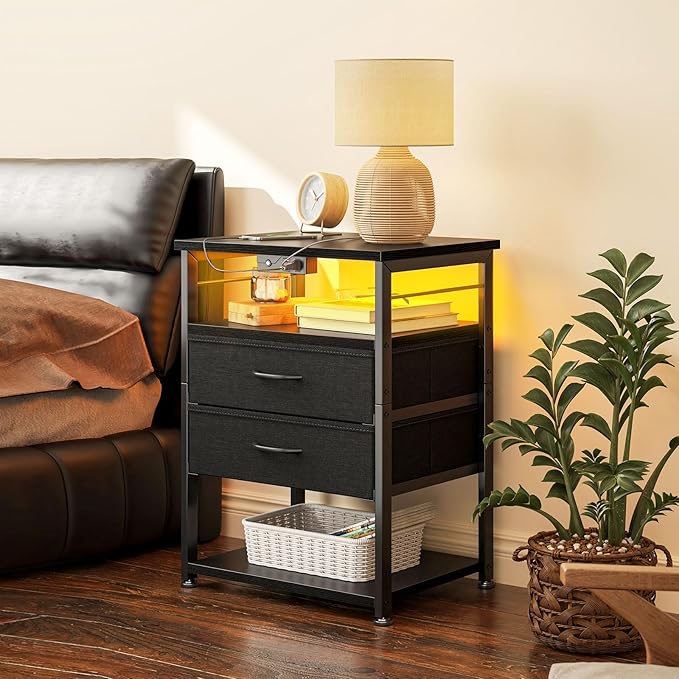 AODK Nightstand with Charging Station & LED Lights, 27.6" Tall Bedside Table with 4-Tier Storage, 2 Fabric Drawers & 2 Open Shelves, Space-Saving End Table for Bedroom, Black