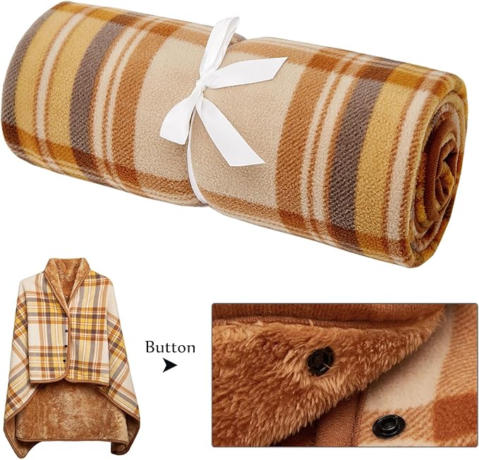 forestfish Fleece Wearable Blanket, Plaid Lap Blanket Comfy Poncho Throw with Buttons for Bed Sofa Office, Yellow