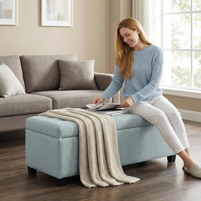60.2" Storage Ottoman Bench for Bedroom Bed End,Polyester Upholstered Bench with Seating,Button Tufted Ottomans with Storage for Living Room,Bedside,Entryway (Baby Blue, 49.75")