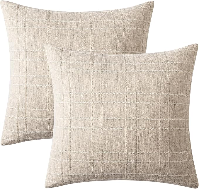 MIULEE Decorative Linen Check Euro Shams Throw Pillow Covers Neutral Farmhouse Vintage Pillow Covers 24x24 Set of 2 Boho Modern Home Decor for Sofa Couch Bedroom Cushion Natural Beige