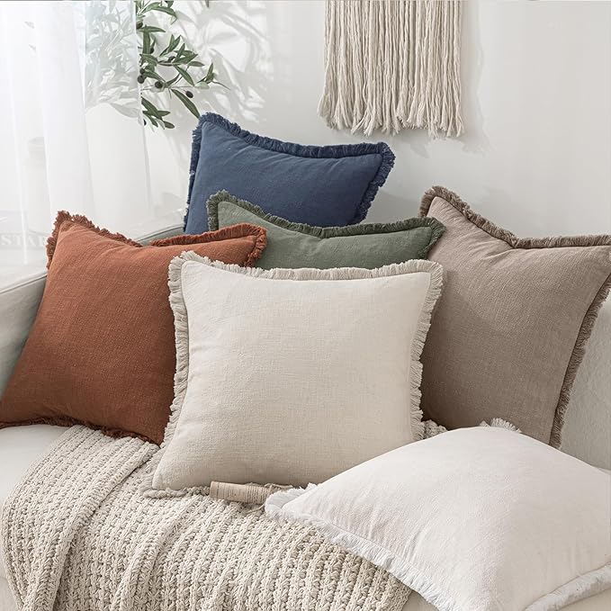 MIULEE Decorative Throw Pillow Covers Neutral Linen Fringe Throw Pillows Euro Shams Set of 2 Dune Boho Farmhouse Cushion Covers for Couch Sofa Bed Living Room Spring Home Decor 26x26 Inch