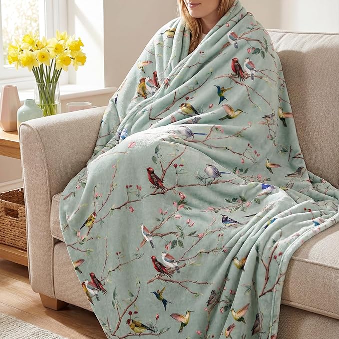 Horaldaily Spring Summer Flannel Blanket Throw, Birds Branch Green Floral Soft Fuzzy Plush Cozy Fleece Blankets for Couch Sofa Bed Lounging, Ideal Gifts for Kids Adults Self, 50x60