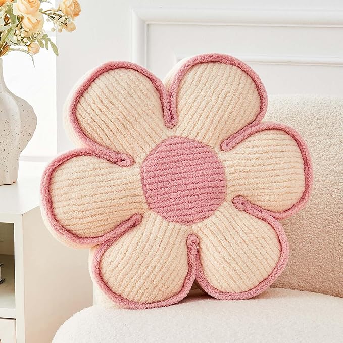 Kcvvcr Flower Pillow, Soft Flower Decorative Throw Pillow, Cute Daisy Flower Shaped Seating Floor Cushion Room Décor Plush Pillows for Sofa Couch Bed (17.7 Inch, Ivory)
