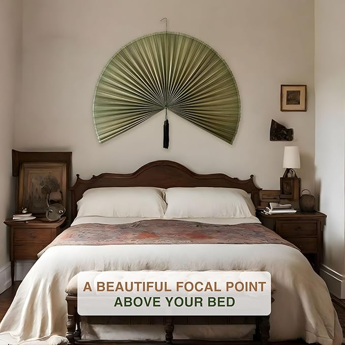 Chicvillage Bamboo Wall Fan Decor - 47” Handmade Woven Bamboo Wall Hanging Fan, Large Japanese Fan Wall Decor for Above Bed, Boho Natural Asian Wall Art, Lightweight & Easy to Hang, Green