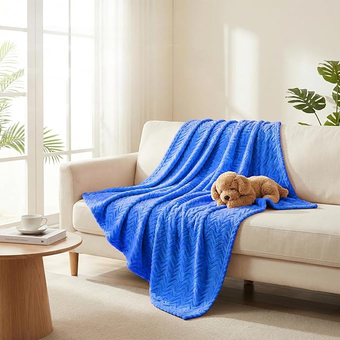 Exclusivo Mezcla Fleece Throw Blanket for Couch, Cozy Lightweight Blankets for All Season, Decorative Giftable Fuzzy Plush Wave Textured Throws for Women, Men, Cobalt Blue, 50x70 Inches