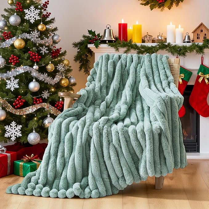 Lotus Karen Faux Fur Throw Blanket - Stripe Faux Rabbit Fur Blanket for Couch, Cozy Soft Fluffy Fuzzy Blanket, Warm Thick Furry Plush Shaggy Small Blankets for Women, Sage Green,50x60 Inches