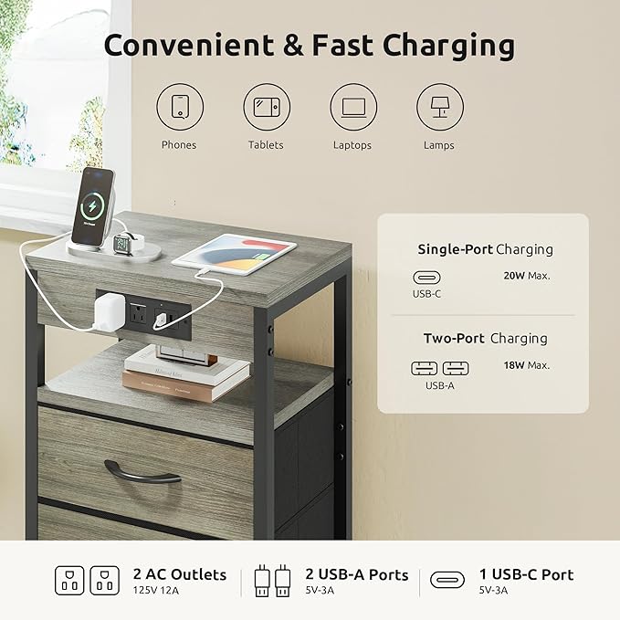 NightStand Bedside Charging Table Bedroom - Night Stand with Charger Station, Modern Nightstand with Open Shelf & 4 Fabric Drawers, End Table with USB-C USB Ports & AC Outlets for Dorm, Grey