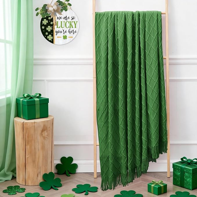 inhand Green Knitted Throw Blanket for Couch and Bed, St. Patrick’s Day Lucky Spring Gifts Throw for Her or Him, Soft Farmhouse Woven Blanket with Tassel, Lightweight Decorative, 50"x60"