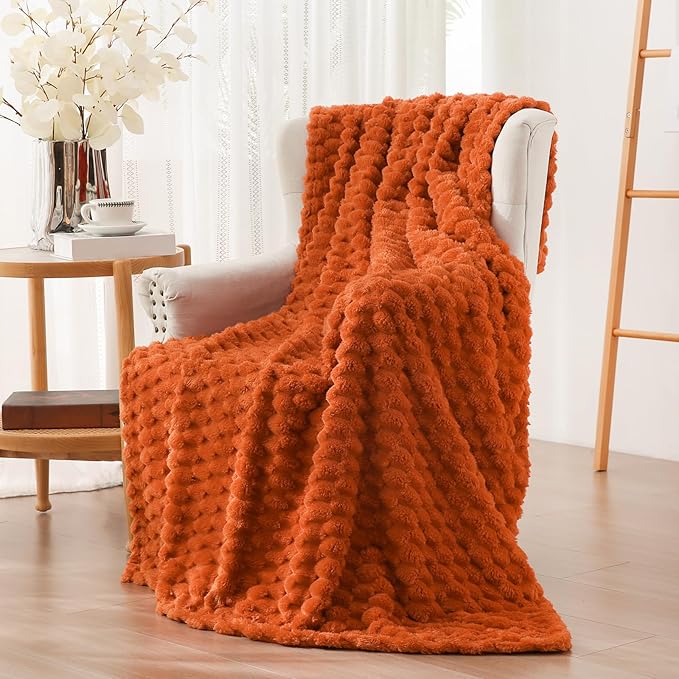 Vessia Flannel Fleece Twin Blanket, 3D Jacquard Burnt Orange Fuzzy and Warm Blanket for Couch, Sofa, Bed, 300GSM Super Soft Touch Cozy Home Decor for All Seasons (60x80 inches)