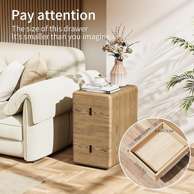 VICITON Narrow Nightstand with Drawers, Faux Leather Bedside Table, Solid Wood Drawer, Small Side Table for Bedroom (Leather Yellow Oak, 11.8" x 15.7" x 19.7")