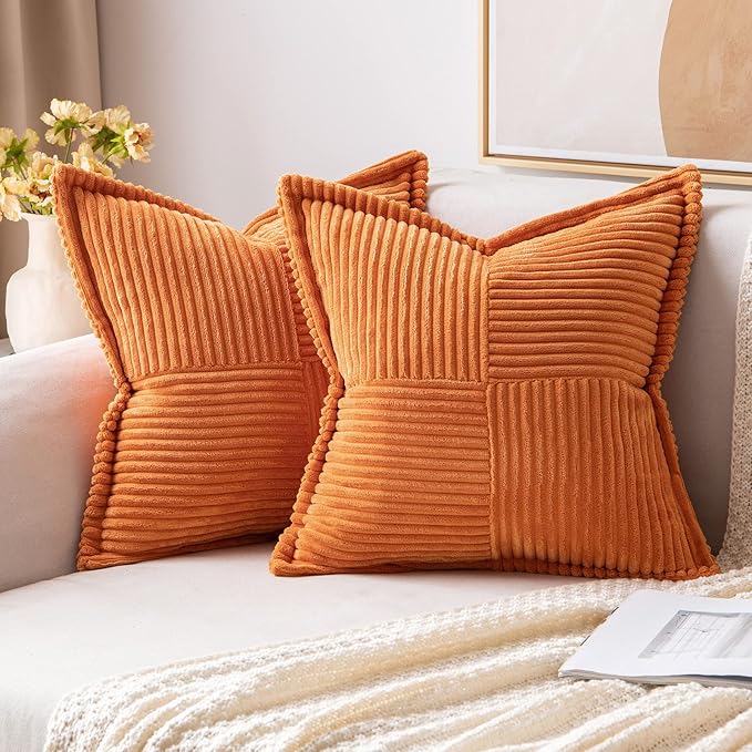 MIULEE Orange Decorative Throw Pillow Covers for Couch Bed Livingroom 20x20 Inch Set of 2 Boho Accent Throw Pllows Broadside Striped Patchwork Soft Corduroy Pillowcases