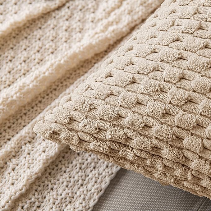 MIULEE Pack of 2 Decorative Throw Pillow Covers 16x16 Inch Soft Boho Striped Textured Corduroy Pillow Covers Modern Farmhouse Home Decor for Couch Bed Sofa Living Room Neutral Tan