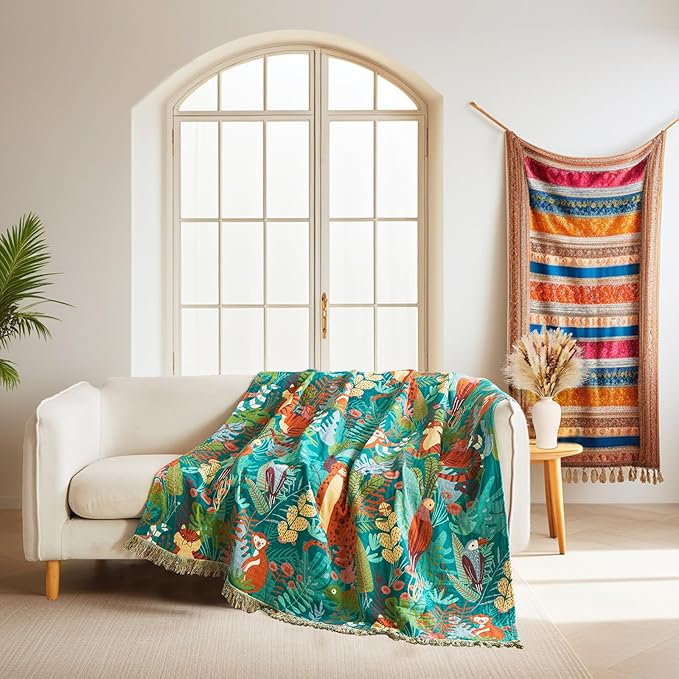 Throw Blanket for Bed Couch Sofa Soft Cotton Twin Spring Blankets for Bedroom Living Room All Season Reversible Forest Animals Embroidery Lightweight Quilt Whimsical Home Decor 60"x80"