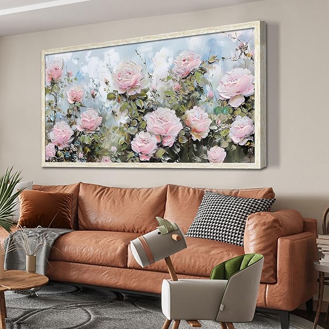 Ardemy Pink Rose Wall Art Canvas for Living Room, Flower Painting Modern Textured Floral Bedroom Picture Artwork Framed Home Office Kitchen Decor, Large 40"x20"