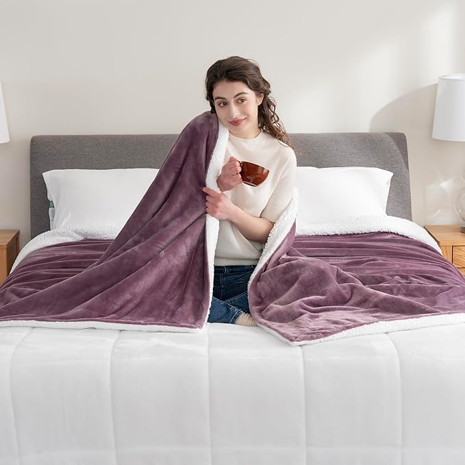 Berkshire Blanket-Sherpa Fleece Blanket, Warm and Soft Loftmink Reversible Blanket for Bed, Sofa and Travel, Plum Smoke, 90 in x 108 in