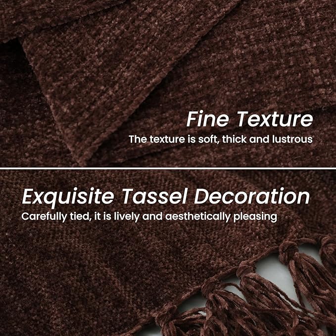 Rust Brown Chenille Throw Blanket for Couch Bed，Soft Cozy Throw Blanket with Handmade Fringe, Decorative Blanket for Sofa Chair Living Room for Gift, (Rust Brown)