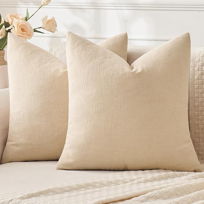 MIULEE Beige Couch Pillow Covers 20x20 Inch, Set of 2 Soft Chenille Decorative Square Throw Pillow Covers Farmhouse for Sofa Living Room Bed