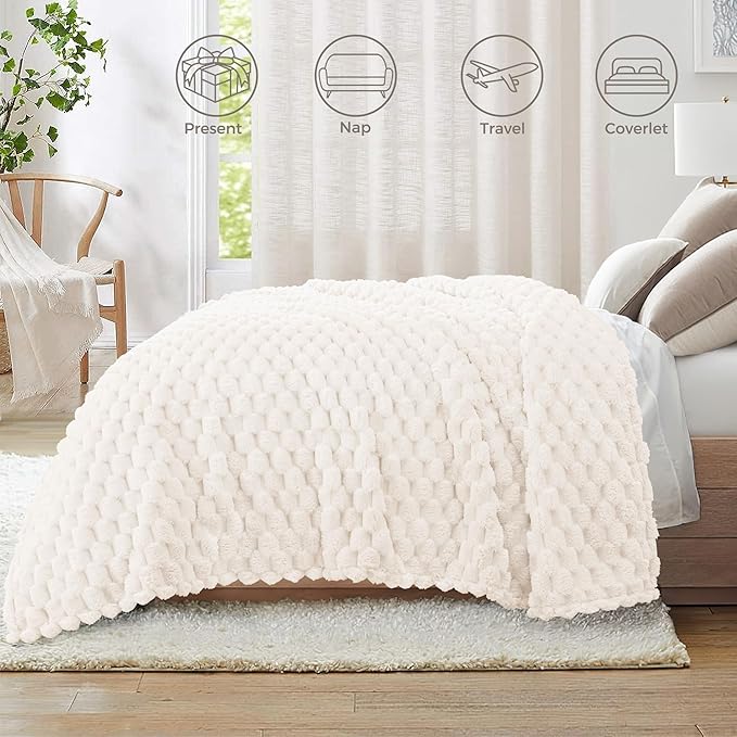 Whale Flotilla Throw Blanket for Couch with Jacquard Pattern, Fuzzy Soft Cozy Exquisite Blankets for All Season, Warm and Fluffy, 50x60 Inch, Ivory