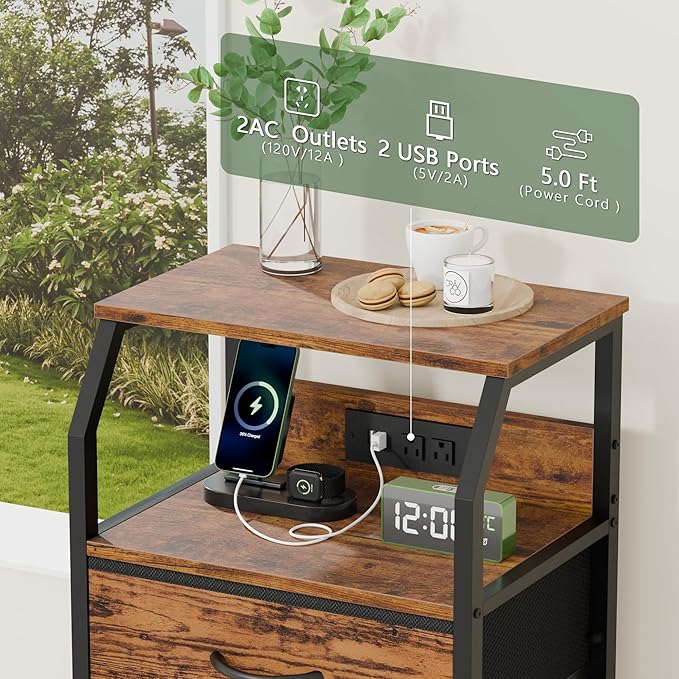 Furnulem Night Stand with Charging Station, USB Ports and Outlets, 28.3 Inch Tall Bedside Table with Wood Shelf, 3 Fabric Drawers Side Table for Bedroom, 3 Ways to Use, Rustic Brown