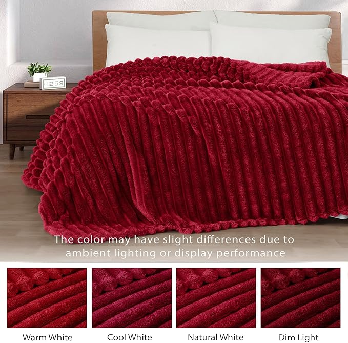 Exclusivo Mezcla Fleece Throw Blanket for Couch, Super Soft Striped Jacquard Bed Blanket, Lightweight Fuzzy Cozy for All Seasons, 50x60 Inches, Deep Red