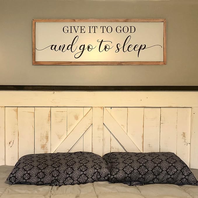 Houmury Framed Give it to God and Go to Sleep Signs 48"x16" Above Bed Wall Decors Wall Art for Bedroom Wood Signs (48 x16 inch, Brown)