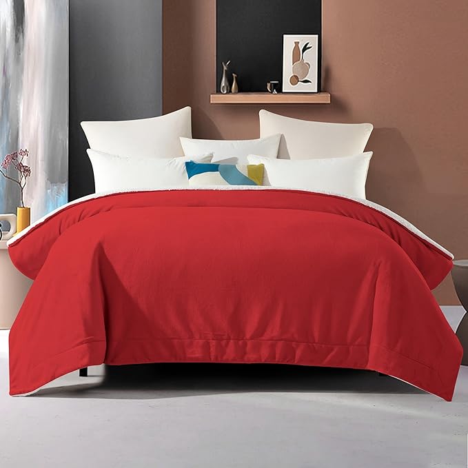Elegant Comfort Ultra Soft Reversible Flannel Sherpa Blanket - Cozy Silky Fleece Throw for Couch, Bed - Plush Fuzzy Warm Winter Blanket for Gift, King, Red