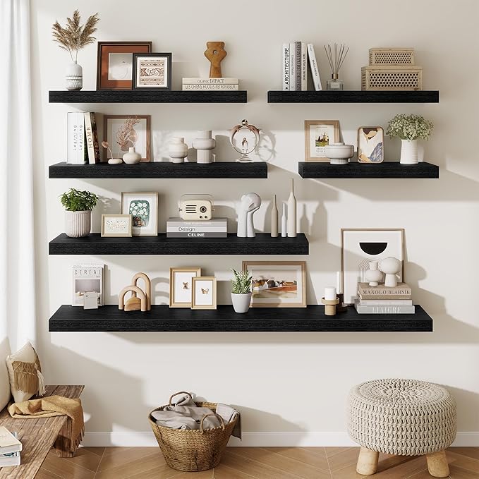 Fun Memories 48 Inch Floating Shelves for Wall - 12 Inch Deep Fireplace Mantel Shelf - Wood Floating Shelf for Wall - Large Storage Shelves Wall Mount for Living Room & Bedroom - Black - Set of 2