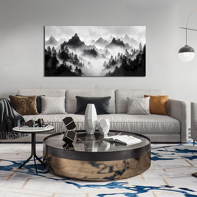 Forest Canvas Wall Art for Office - Black and White Landscape Pictures for Living Room - Mountain Wall Decor for Bedroom Men Size 24" x 48"