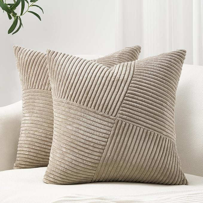 Topfinel 22x22 inches Euro Pillow Shams Set of 2 Soft Corduroy Decorative Throw Pillow Covers for Bedroom Living Room Boho Textured Striped Patchwork Couch Pillow Covers 55x55 cm Lightbrown