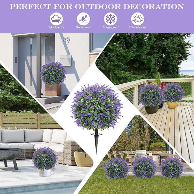 Artificial Topiary Bushes for Outdoors with Spike, Boxwood Ball Fake Shrubs UV Resistant Faux Plants for Indoor Outdoor Fall Thanksgiving Halloween Decor (Lavender Boxwood Purple-2 Packs)
