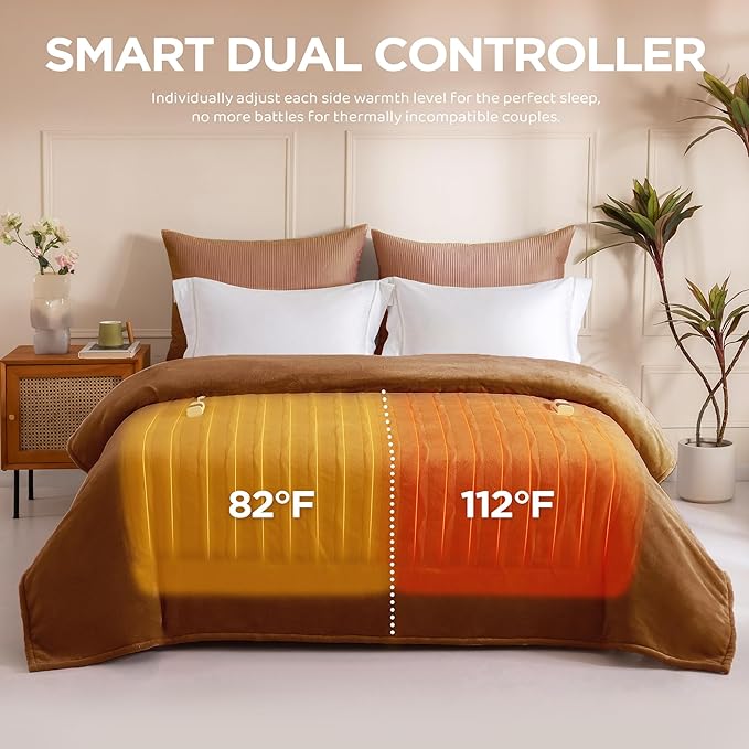 Heated Blanket Queen Size - Dual Controllers Electric Blanket Queen with 9 Heat Settings & 10 Hour Auto Off,Overheat Protection,Machine Washable 84"x90"(Cocoa Brown)