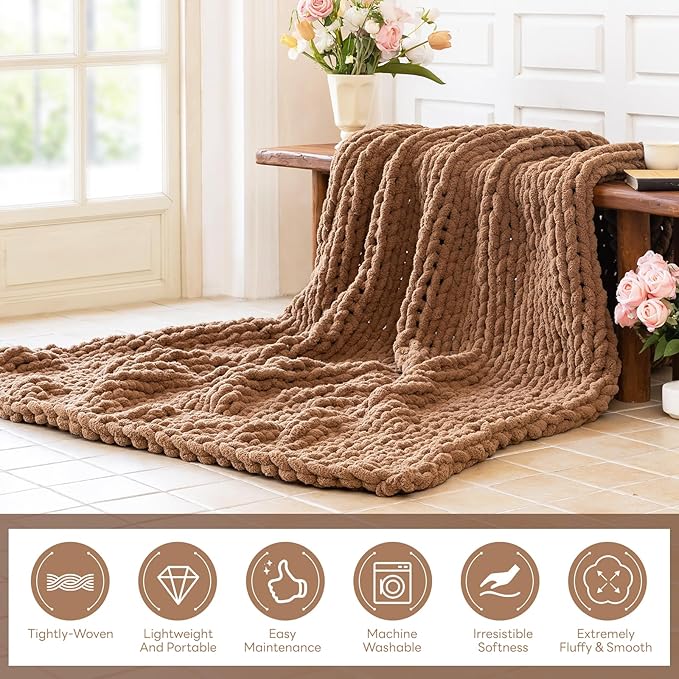 Chunky Knit Blanket - Luxury Soft Cozy 40 * 50 Throw Blanket,100% Woven Blanket Rope Knot Throw Blanket for Couch, Sofa, Home Decor, Gift - Machine Washable (Brown, 40 * 50)