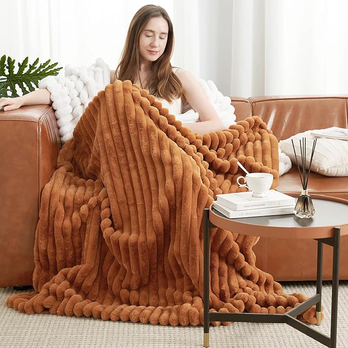 Amélie Home Faux Fur Throw Blanket for Couch, Cozy Fuzzy Fluffy Fur Luxurious Soft Striped Plush Gift Blankets for Family Sofa Chair Bedroom, 55"x70", Orange Brown