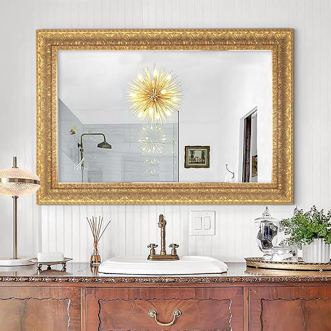 Chende Decorative Wall Mirror with Leaves Wood Frame, 41" L x 29" W Gold Ornate Mirror for Wall Decor, Elegant Rectangular Mirror for Living Room Bathroom Bedroom Fireplace Mantle