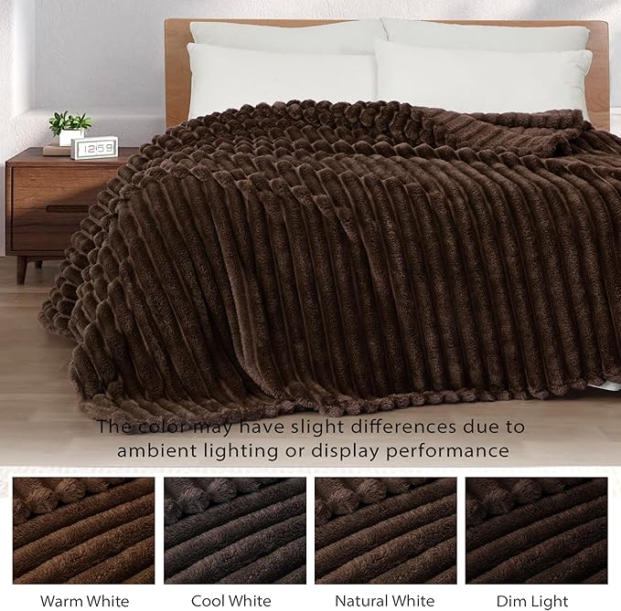 Exclusivo Mezcla Twin Size Flannel Fleece Blanket, Super Soft Striped Jacquard Bed Blanket, Lightweight Fuzzy Cozy for All Seasons, 60x80 Inches, Coffee