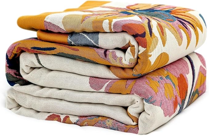Boho Throw Blanket 100% Cotton Soft Bed Throw Twin Lightweight Spring Blanket Floral Bird and Butterfly Room Decor Breathable Bed Blankets,60"x80" All Season Reversible Blankets for Sofa Couch Chair