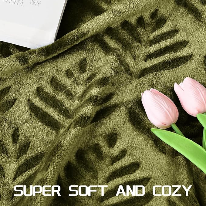 Exclusivo Mezcla Twin Size Fleece Blanket for Bed, Super Soft and Cozy Blankets All Season Use, Leaves Pattern, Plush Fuzzy Lightweight, Olive Green, 60x80 Inch