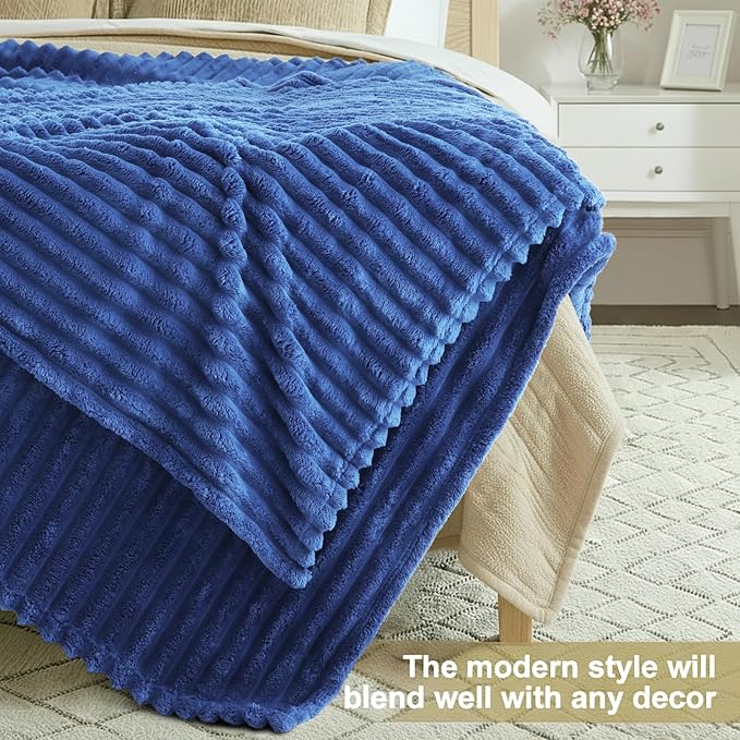 decorUhome Soft Fleece Navy Blue Twin Blanket for Bed, Cozy Fluffy Plush Flannel Striped Throws for Couch Sofa, Lightweight Decorative Ribbed Fuzzy Blanket for Woman, 60x80 Inches