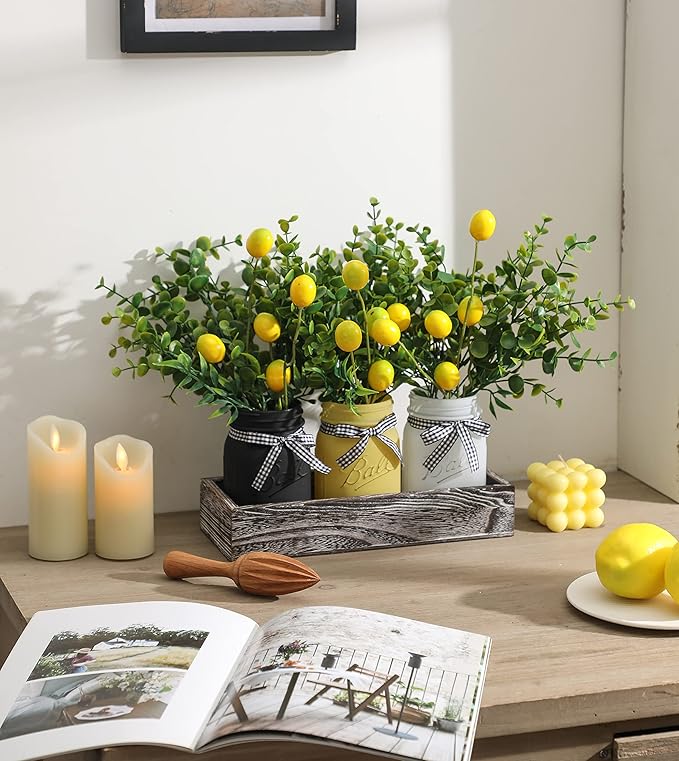 Lemon Mason Jars Centerpiece for Table, Wood Tray with 3 Painted Jars, Dining Coffee Table Centerpiece For Kitchen, Living Room, Spring & Summer Home Decor with Lemon