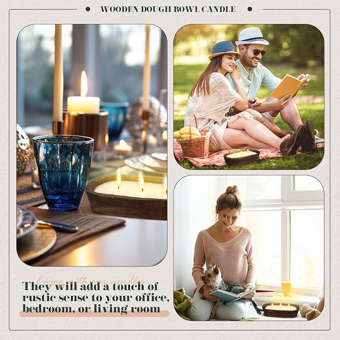 Threlaco 1 Pack 10 Inch Wood Dough Bowl Candles Home Rustic Dough Bowl Soy Candle 3 Wick Scented Candles Gifts for Men Women Farmhouse Table Centerpiece Home Decor for Christmas(Vanilla)