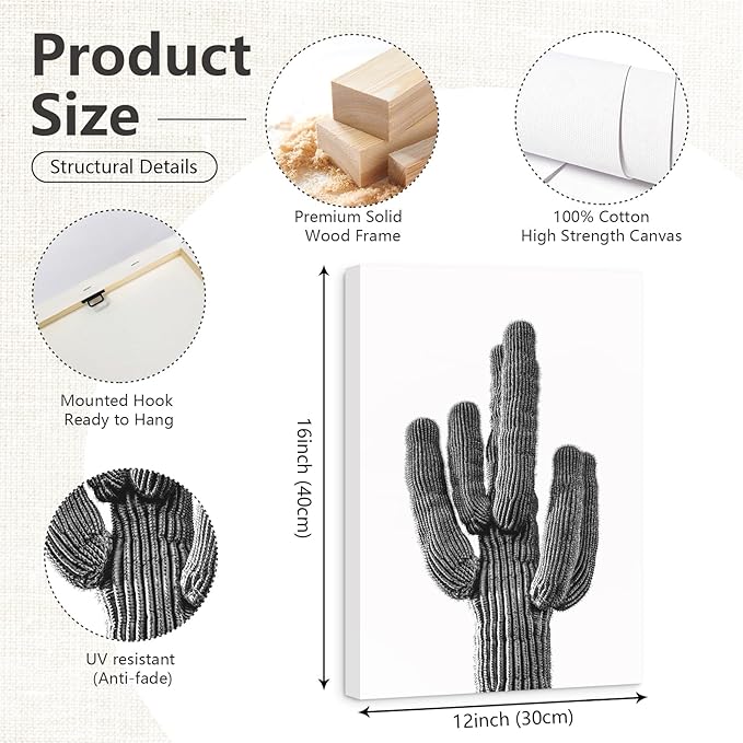 Black And White Cactus Canvas Wall Art Saguaro Cactus Pictures Wall Decor Black And White Artwork Painting Mexican Succulent Poster Prints for Living Room Bedroom Decor 12x16x3 Inch Ready to Hang