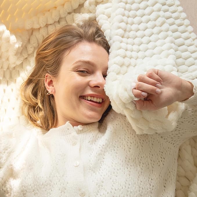 Super Soft Fleece Twin Blanket 50x70 Inches for Couch, Premium Silky with 3D Imitation Turtle Shell Jacquard Decorative Blankets, Lightweight and Cozy for Sofa.Ivory