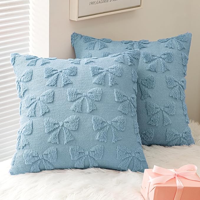 MIULEE Blue Bow Pillow Covers Coquette Room Decor Aesthetic Set of 2 Spring Decorative Cute Girl Soft Plush Faux Pillowcase for Preppy Room Decor Bedroom Couch,20x20 Inch